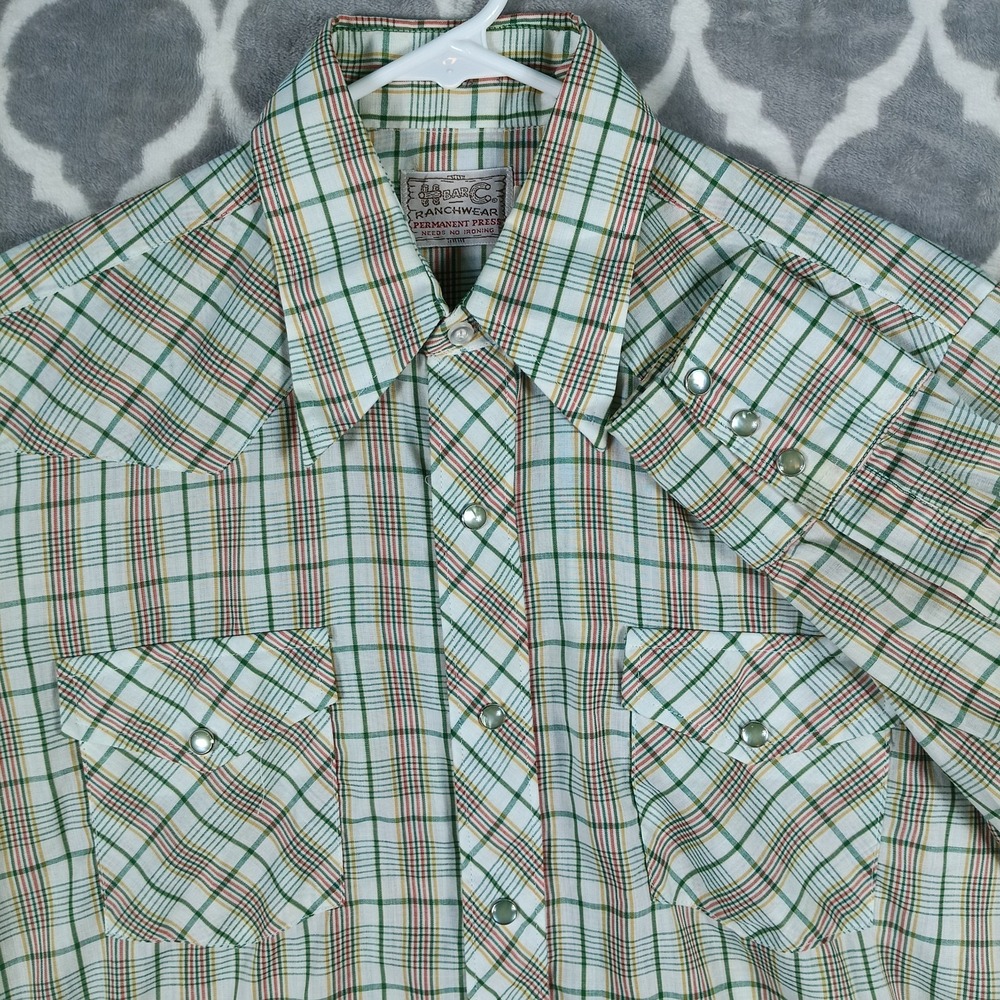H Bar C Ranchwear Western Shirt Men Medium Green Plaid Pearl Snap Cowboy VTG